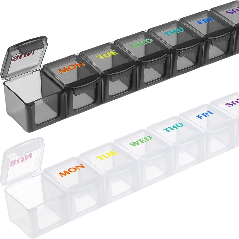 Weekly Pill Organizer Box 7 Day Large Compartments Portable - 2pcs Black+White